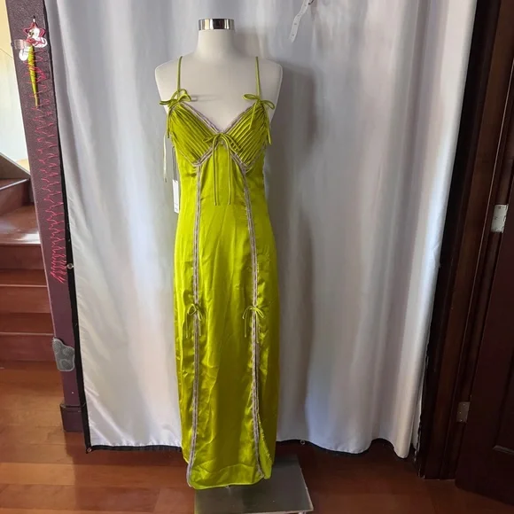 Betsey Johnson Lime Green Slip Dress with Lace Trim size XS - Picture 5 of 10
